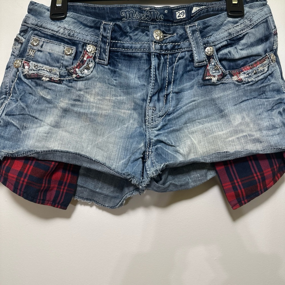 Miss Me Light Blue Distressed Denim Shorts with Red Plaid Trim
